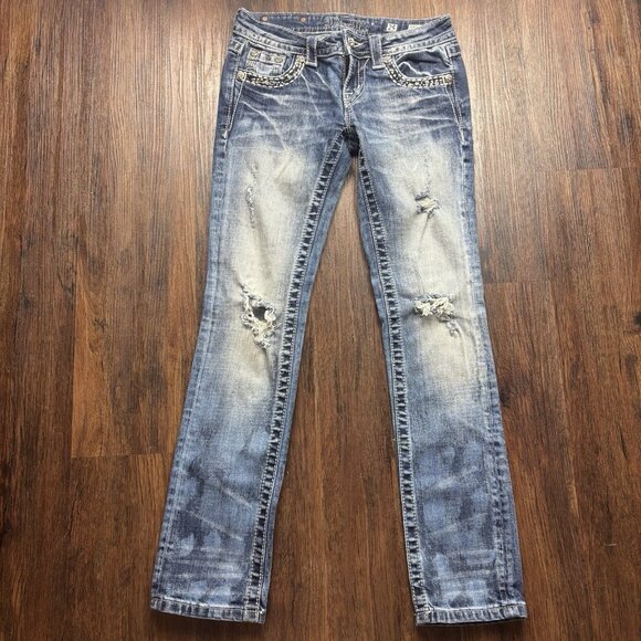 Miss Me Signature Cuffed Straight Jeans Rhinestone Distressed Light Wash Size 25 - Picture 1 of 11